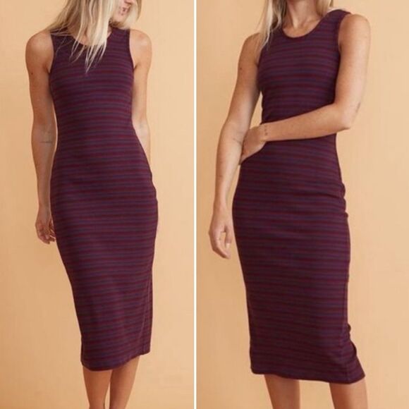 Marine Layer Lexi Rib Daytime Midi Tank Dress Cabernet Navy Stripe Size Large - Picture 4 of 14